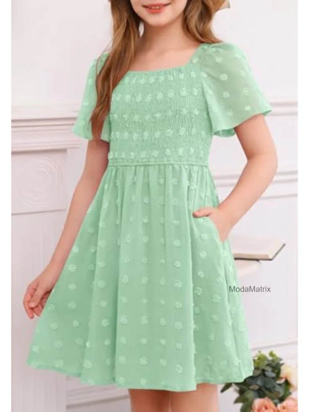 Girls Swiss Dot Square Neck Smocked A-Line Dress with Pockets